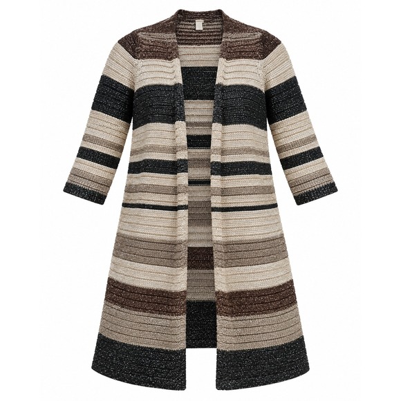 Chico's Sweaters - Chicos Metallic Striped Longline Cardigan Black Cream Brown Open Front Size 2